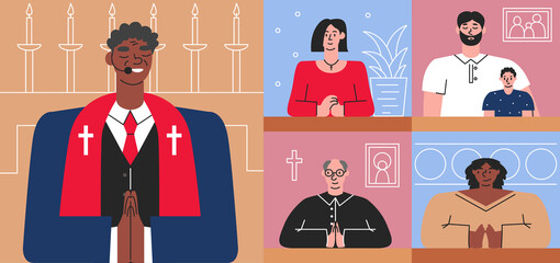 African american elderly priest praying with parishioners online. Internet church conducting church services in live. Video Call conference between different religious people. Vector flat illustration - obrazy, fototapety, plakaty