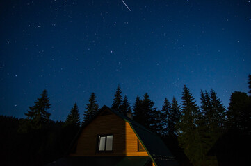 Fototapeta premium Beautiful night landscape, house among the forest against the background of the starry sky