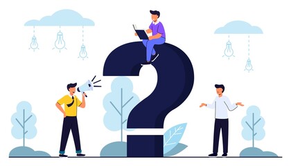 Q and A or FAQ concept with tiny people character Big question mark Frequently asked questions template Business decision making doubt about options confusion Decide right solution directions dilemma