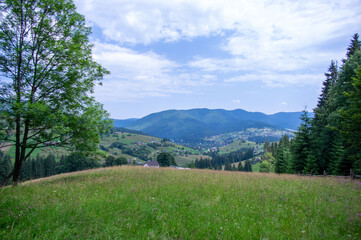 Fototapeta na wymiar Panorama of a village among the mountains in the Ukrainian carpathians in summer