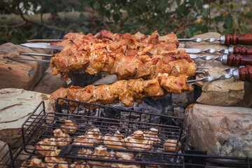 Meat and mushrooms fried on metal skewers. Cooking shish kebab from raw meat on coals by the fire, in the open air. Pieces of meat and mushrooms are fried on a brazier.