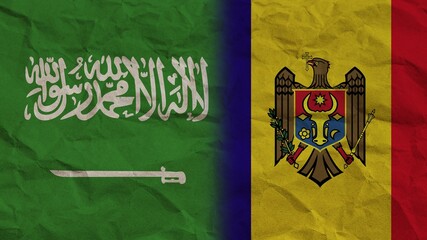 Moldova and Saudi Arabia Flags Together, Crumpled Paper Effect Background 3D Illustration