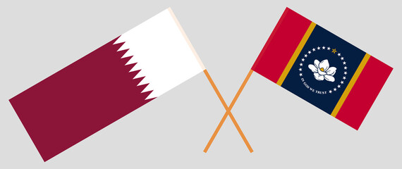 Crossed flags of Qatar and the State of Mississippi. Official colors. Correct proportion