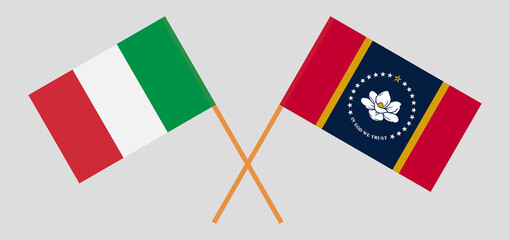 Crossed flags of Italy and the State of Mississippi. Official colors. Correct proportion