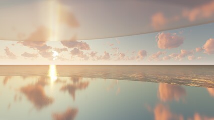 Futuristic minimalist architecture and beautiful seascape sunset sky with pink clouds 3d render