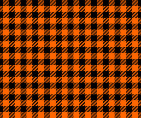 Halloween or Thanksgiving day seamless pattern. Black and orange gingham plaid texture with whole and striped squares. Checkered background for fall blanket or tablecloth. Vector flat illustration.