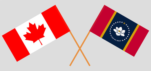 Crossed flags of Canada and the State of Mississippi. Official colors. Correct proportion