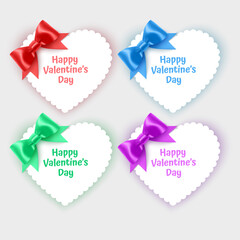 Set of valentine's day cards in the shape of a heart decorated with realistic bows of bright colors, Vector illustration