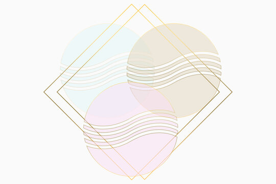 Abstract Pastel Colored Circles Background With Gold Colored Square Geometric Frame. Beauty And Fashion Logo Background