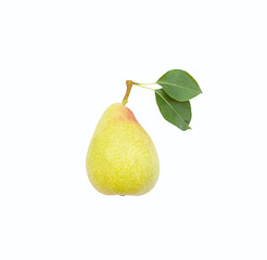 Fresh yellow pear with leaves on white background. Isolated.