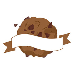 Chocolate oatmeal cookies with a ribbon for the text and the name of the cafe or bakery. Decorative flag with place for text in beige colors. Dessert cookie icon, vector isolate on white