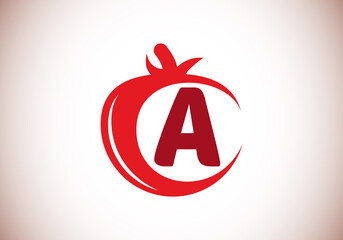 Initial A monogram alphabet with tomato. Tomato logo design template. Font emblem. Modern vector logo for organic food business, and company identity