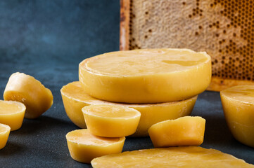 Blocks of beeswax for candle making. Raw beeswax. Handmade candle production