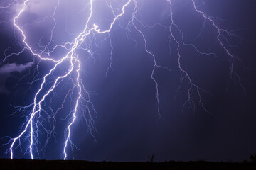 Storm and lightning bolt strikes in the night sky