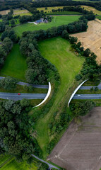 Vertical aerial top down panorama of wildlife crossing over a freeway. Conservancy and preservation green corridor bridge for animals. Ecology and dutch landscape concept.