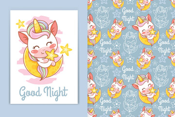 cute baby unicorn with moon and little star cartoon illustration and seamless pattern set