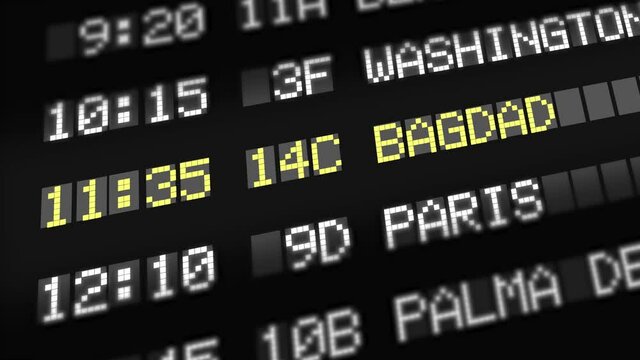The Display device in airport showing the time of flight to the Bagdad