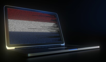 Open laptop and computer code on the screen composing flag of the Netherlands. Modern information technology related 3d rendering