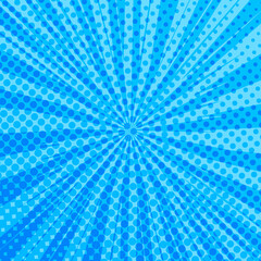 Pop art radial colorful comics book magazine cover. Striped blue digital background. Cartoon funny retro pattern strip mock up. Vector halftone illustration. Sunburst, starburst shape
