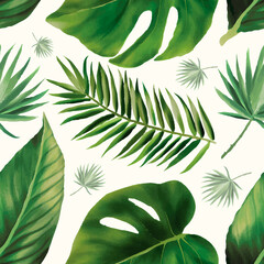 Fototapeta na wymiar Hand drawn green watercolor leaves seamless pattern design