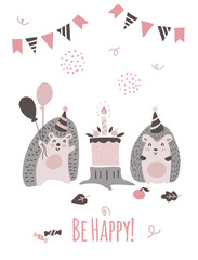 Adorable hedgehogs party with cake. Happy holidays card in scandinavian style.