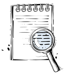 Notebook and magnifying glass, sketchy hand drawn vector