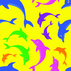 Colorful dolphin on yellow background seamless pattern vector illustration.