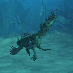 3d-illustration of an giant fantasy sea dinosaur underwater