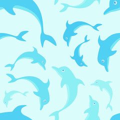 Blue dolphin on blue background seamless pattern vector illustration.