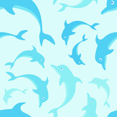 Naklejka premium Blue dolphin on blue background seamless pattern vector illustration.