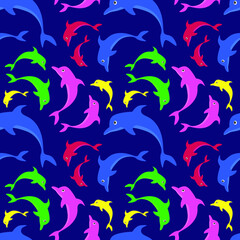 Naklejka premium Colorful dolphin on blue background seamless pattern vector illustration.