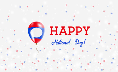 Laos National Day patriotic poster. Flying Rubber Balloon in Colors of the Laotian Flag. Laos National Day background with Balloon, Confetti, Stars, Bokeh and Sparkles.