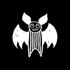 Vector image of a scary bat. Halloween. Calligraphic style. Brush strokes. Ink style. White on a black background. Doodle. Hand drawing. Minimalism