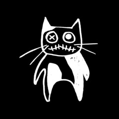 Vector image of a monster cat. Halloween. Calligraphic style. Brush strokes. Ink style. White on a black background. Doodle. Hand drawing. Minimalism