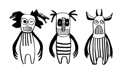 Vector image of monsters. Halloween. Calligraphic style. Brush strokes. Ink style. Black on a white background. Doodle. Hand drawing. Minimalism