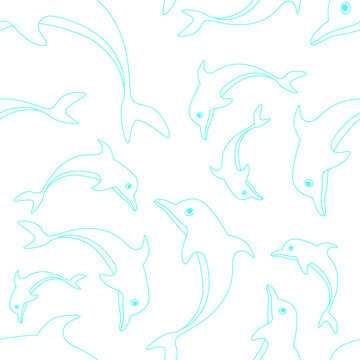 Blue outline dolphin on white background seamless pattern vector illustration.