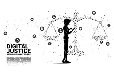 Silhouette of man use mobile phone standing with Justice scale polygon style from dot and line connection and icon. Background Concept of crime and law system
