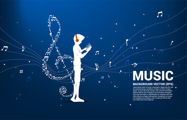 Vector man with mobile phone and headphone and music melody shape sol key note dancing flow . Concept background for online streaming music.