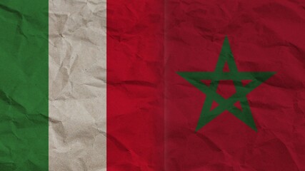 Morocco and Italy Flags Together, Crumpled Paper Effect Background 3D Illustration