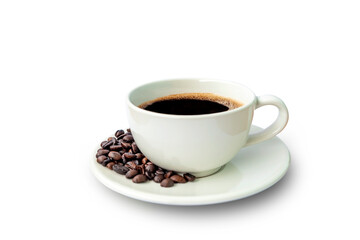 Black coffee in white cup and crow's beans isolated on white background with clipping path