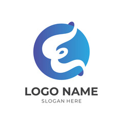 abstract letter E logo template with 3d blue color style