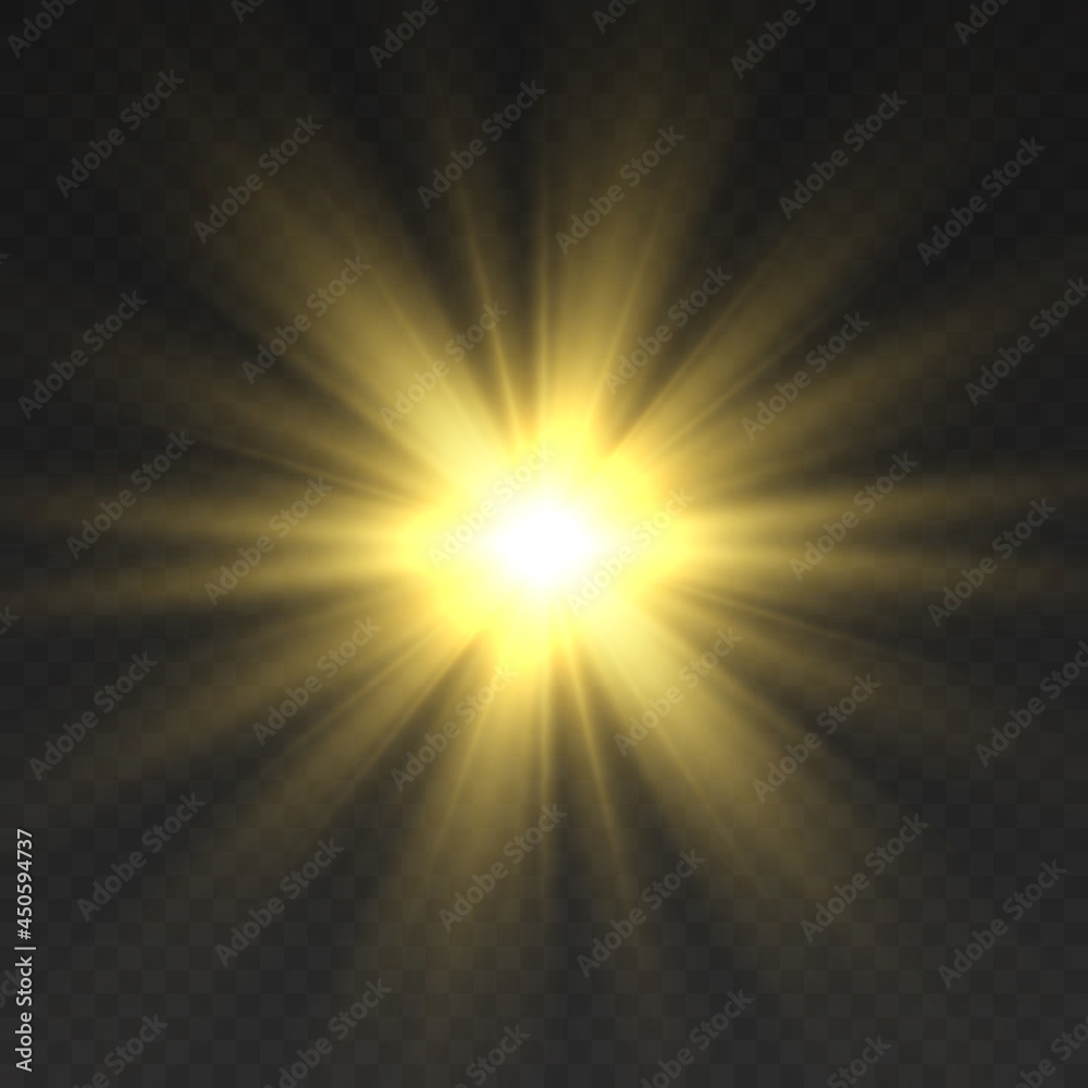 Poster flare with golden rays of light and magic sparkles. bright star. abstract golden rays will raise. tr