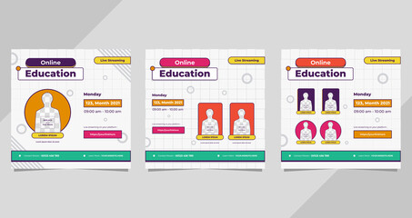 Set of social media post template for Online Education, Online class program, Courses and other E-Learning with white geometric background