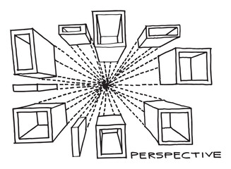 Hand drawn of isometric one point perspective basic drawing showing technique to draw object to vanishing point eye view by using dot lines. Vector. illustration.