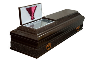 Sadness concept, wooden coffin Isolated white background.