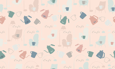 Seamless pattern with beige background and coffee shop elements such as chairs, lamps, kettles, and cups