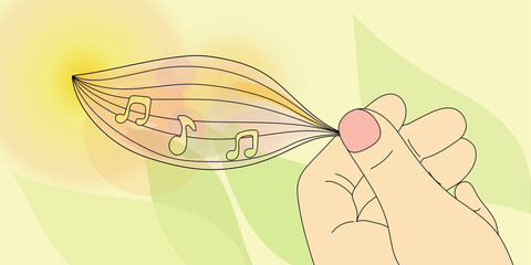 In a woman's hand, a leaf of a plant. The symbols of the note are cut out on the leaves. There are abstract music effects inside the leaf. The sun is shining. Abstract composition of the illustration.