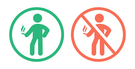 Person smoking and non smoking vector icon. No smoking area warning sign