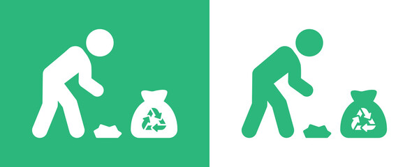 Person collecting trash icon. Man pick up garbage icon. - obrazy, fototapety, plakaty