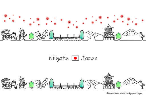 新潟県の観光地の街並みと新型コロナウイルスのシンプル線画セット